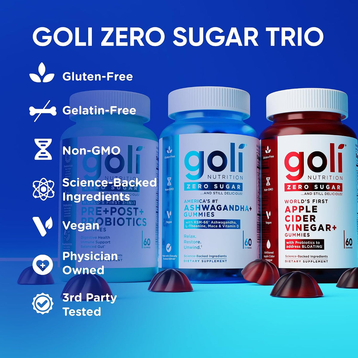 Goli Zero Sugar Trio Dietary Supplement Gummies