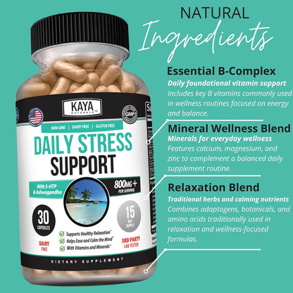 Kaya Naturals Ashwagandha GABA Daily Stress Mood Support Capsules