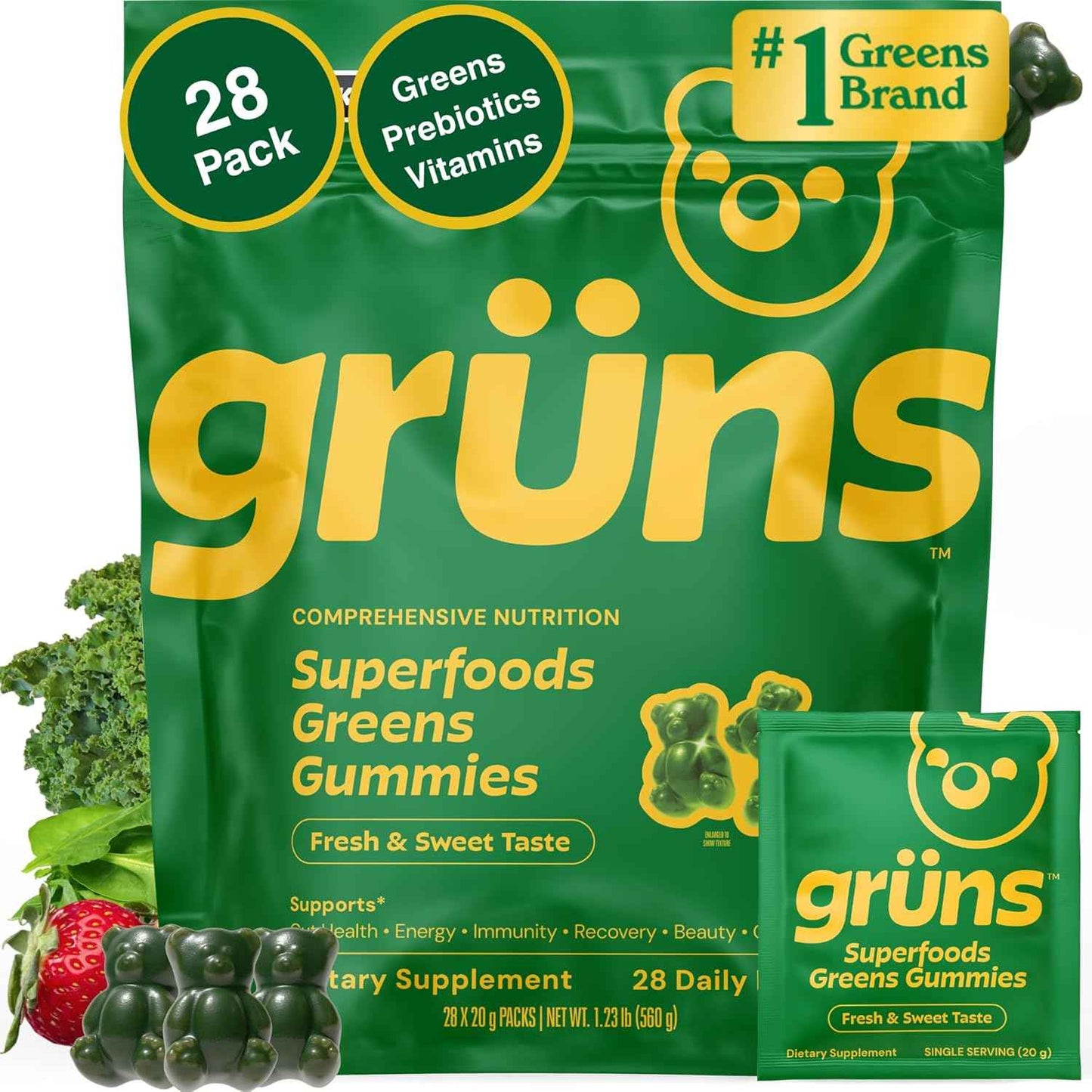 Gruns Adult Super Greens Multivitamin Gummies with Spirulina and Prebiotic Fiber