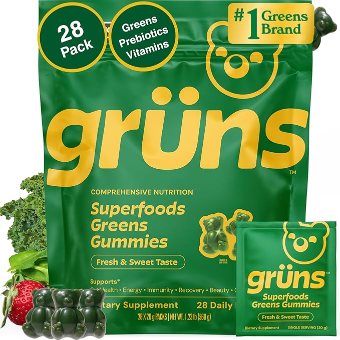 Gruns Adult Super Greens Multivitamin Gummies with Spirulina and Prebiotic Fiber