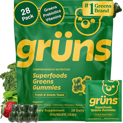 Gruns Adult Super Greens Multivitamin Gummies with Spirulina and Prebiotic Fiber