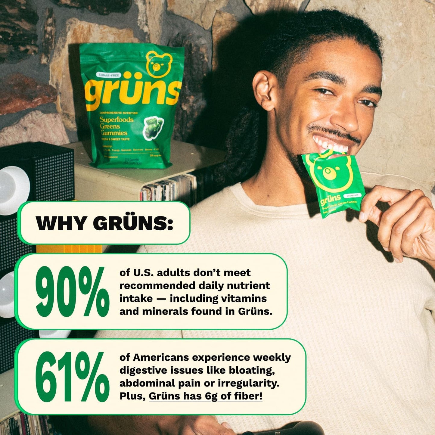 Gruns Adult Super Greens Multivitamin Gummies with Spirulina and Prebiotic Fiber