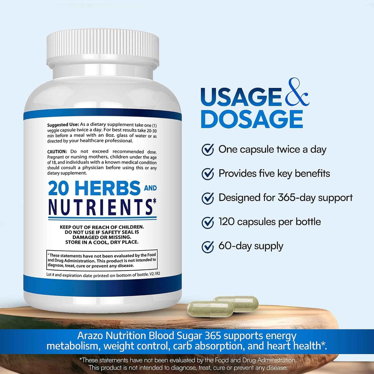 Arazo Nutrition Blood Sugar 365 Supplement Herbal Pills 120 Count