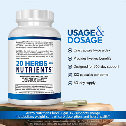 Arazo Nutrition Blood Sugar 365 Supplement Herbal Pills 120 Count