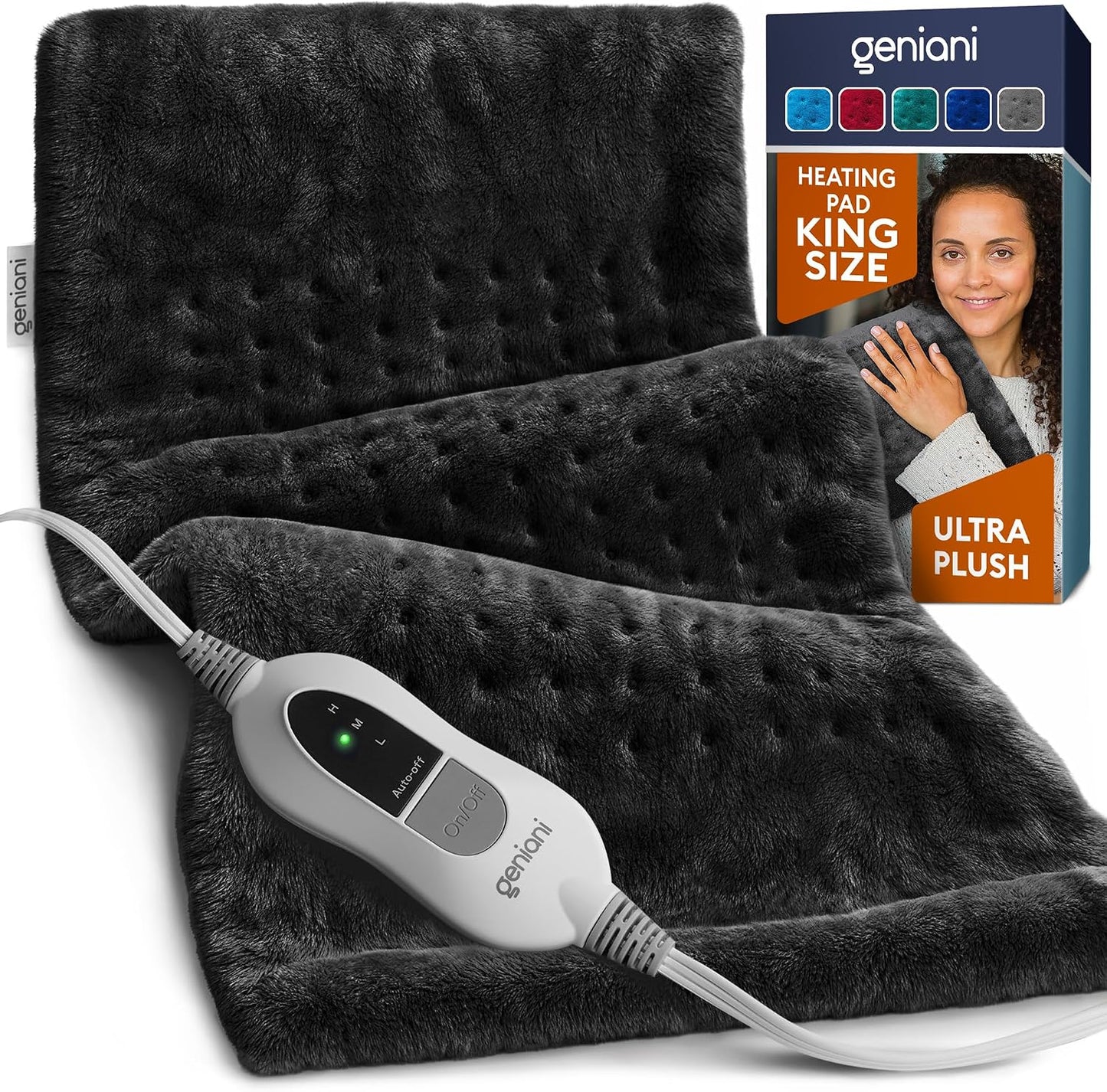 GENIANI Electric Heating Pad Microplush Auto Shut Off Machine Washable for Back Pain Cramps Neck Shoulder Relief