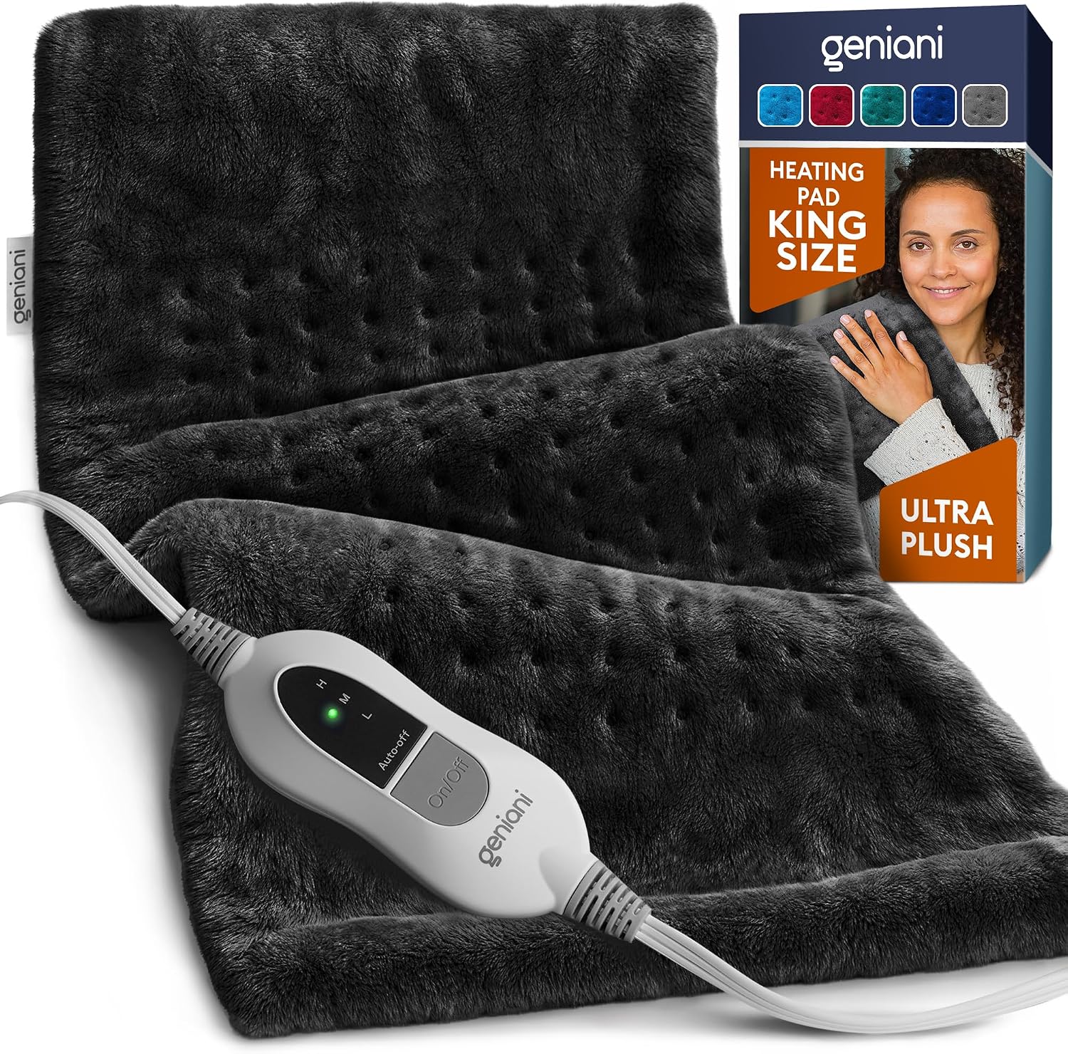 GENIANI Electric Heating Pad Microplush Auto Shut Off Machine Washable for Back Pain Cramps Neck Shoulder Relief