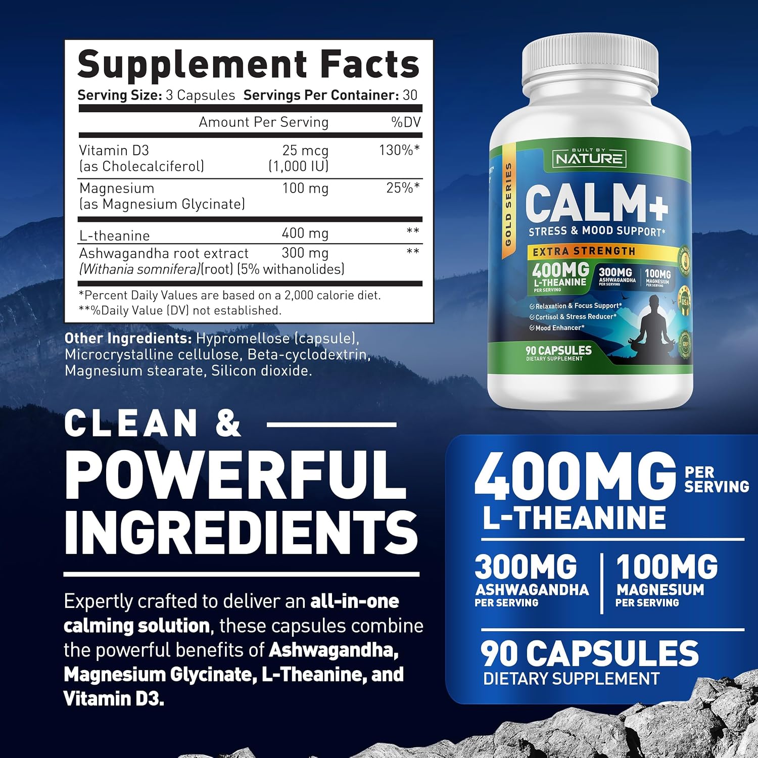 Built by Nature Calm+ Stress Mood Support Supplement Capsules 90 Count