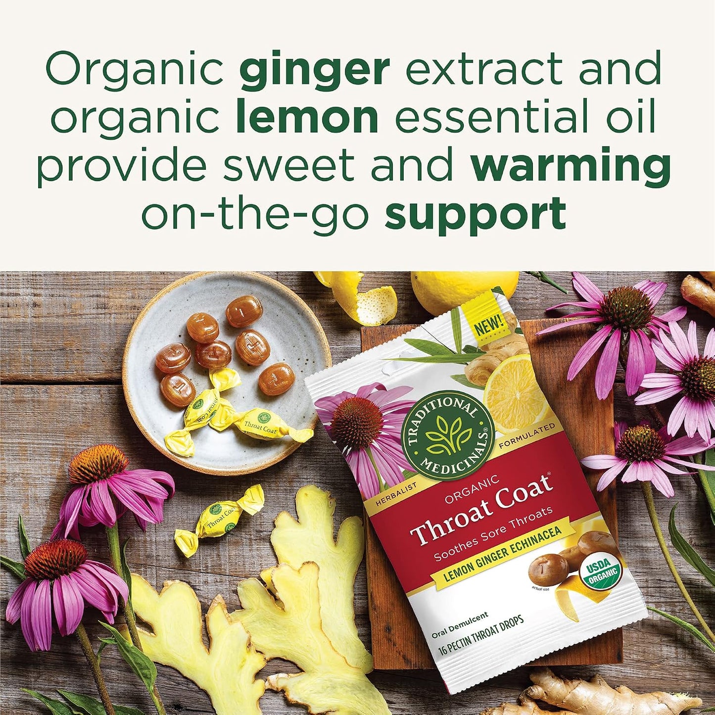 Traditional Medicinals Throat Coat Lemon Ginger Respiratory Support Lozenges