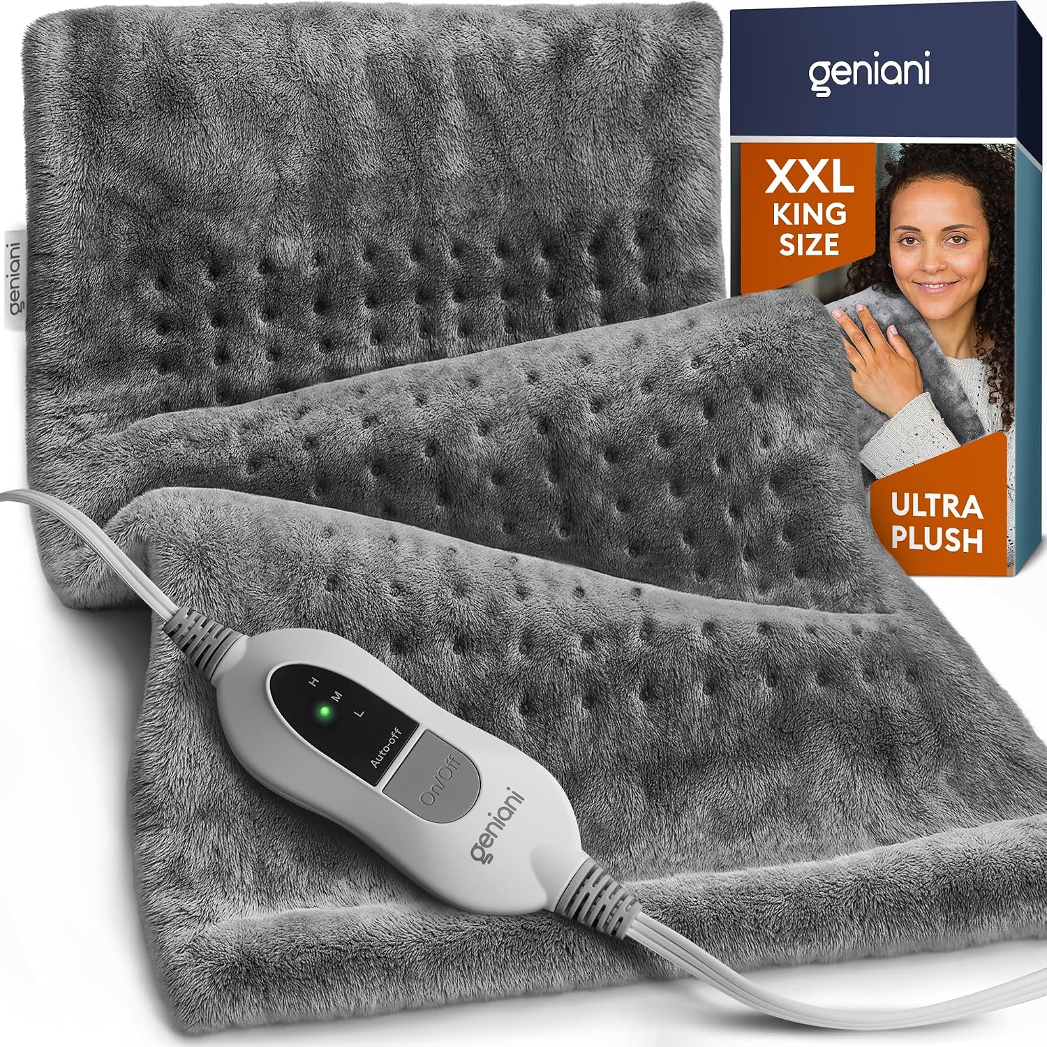 GENIANI Electric Heating Pad Microplush Auto Shut Off Machine Washable for Back Pain Cramps Neck Shoulder Relief