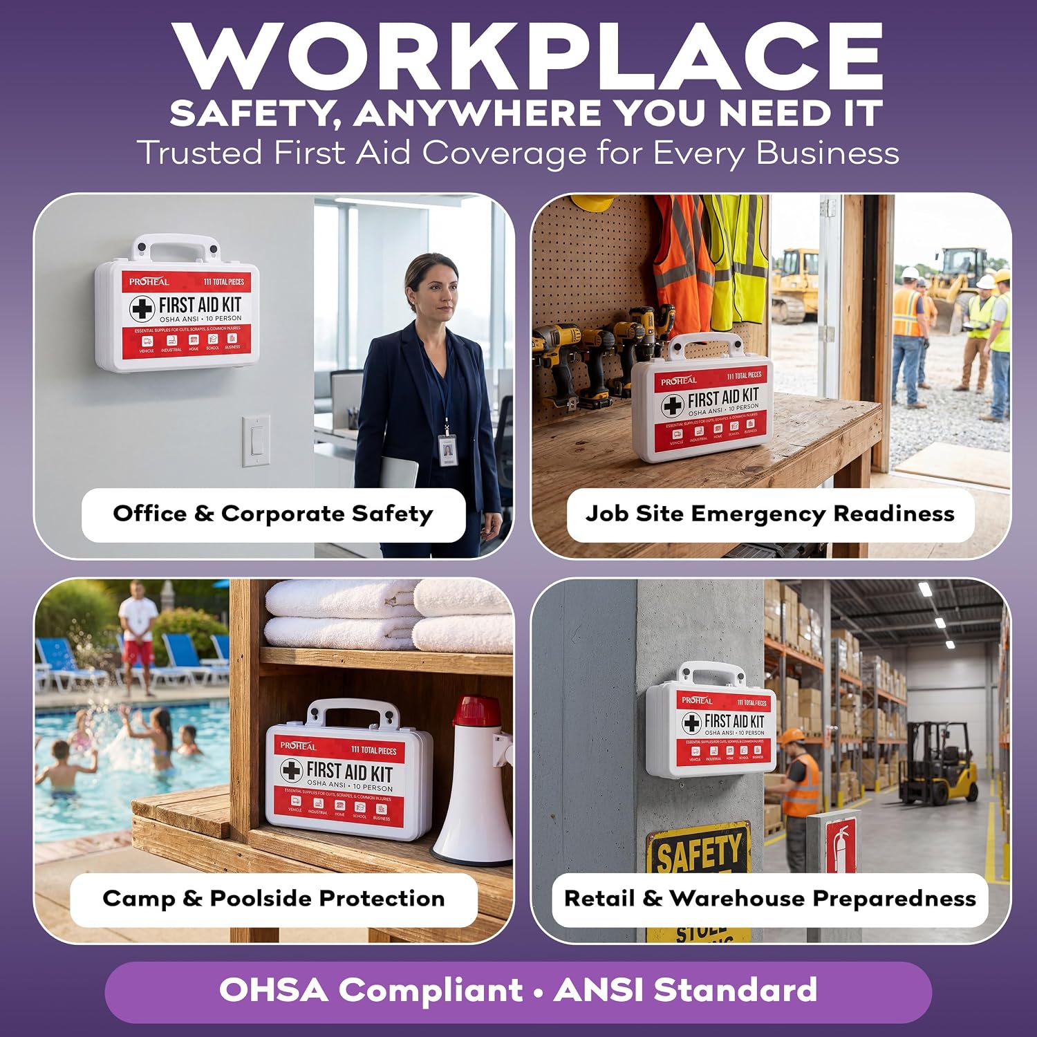 ProHeal OSHA Compliant First Aid Kit Type III ANSI Class A 111 Pieces Latex Free Wall Mountable for Car Home Office Truck Construction 10 Person