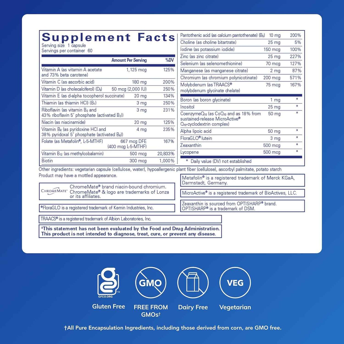 Pure Encapsulations O.N.E. Multivitamin Once Daily With Metafolin CoQ10 Lutein