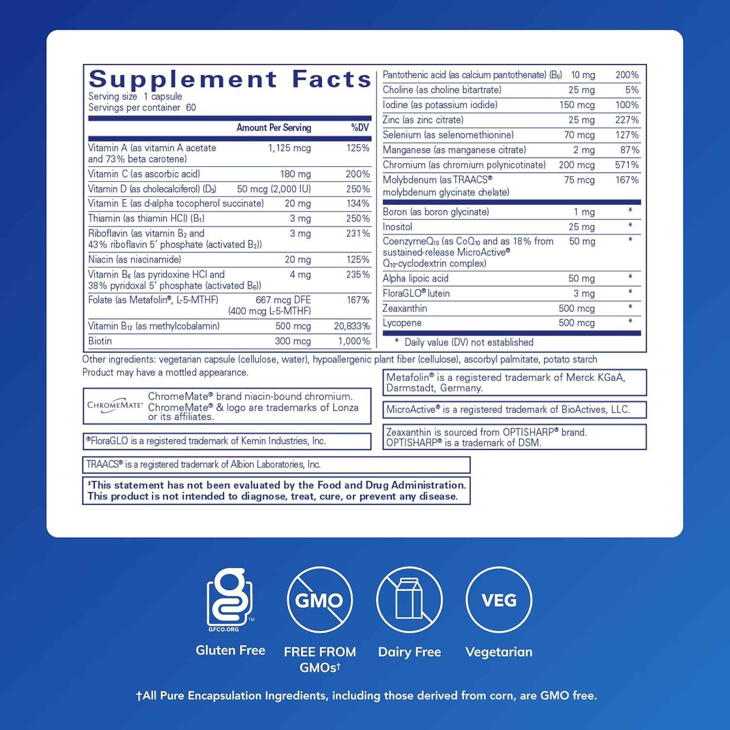 Pure Encapsulations O.N.E. Multivitamin Once Daily With Metafolin CoQ10 Lutein