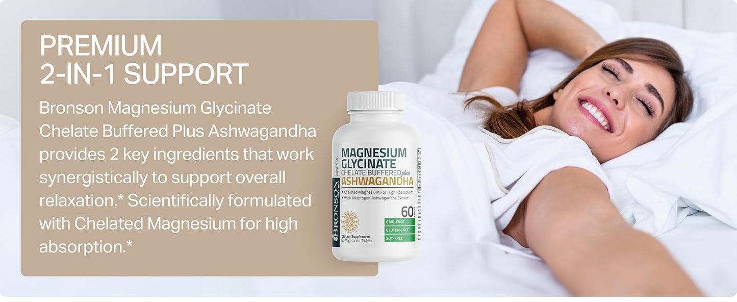 Bronson Magnesium Glycinate Ashwagandha Stress Mood Support Tablets 60 Count