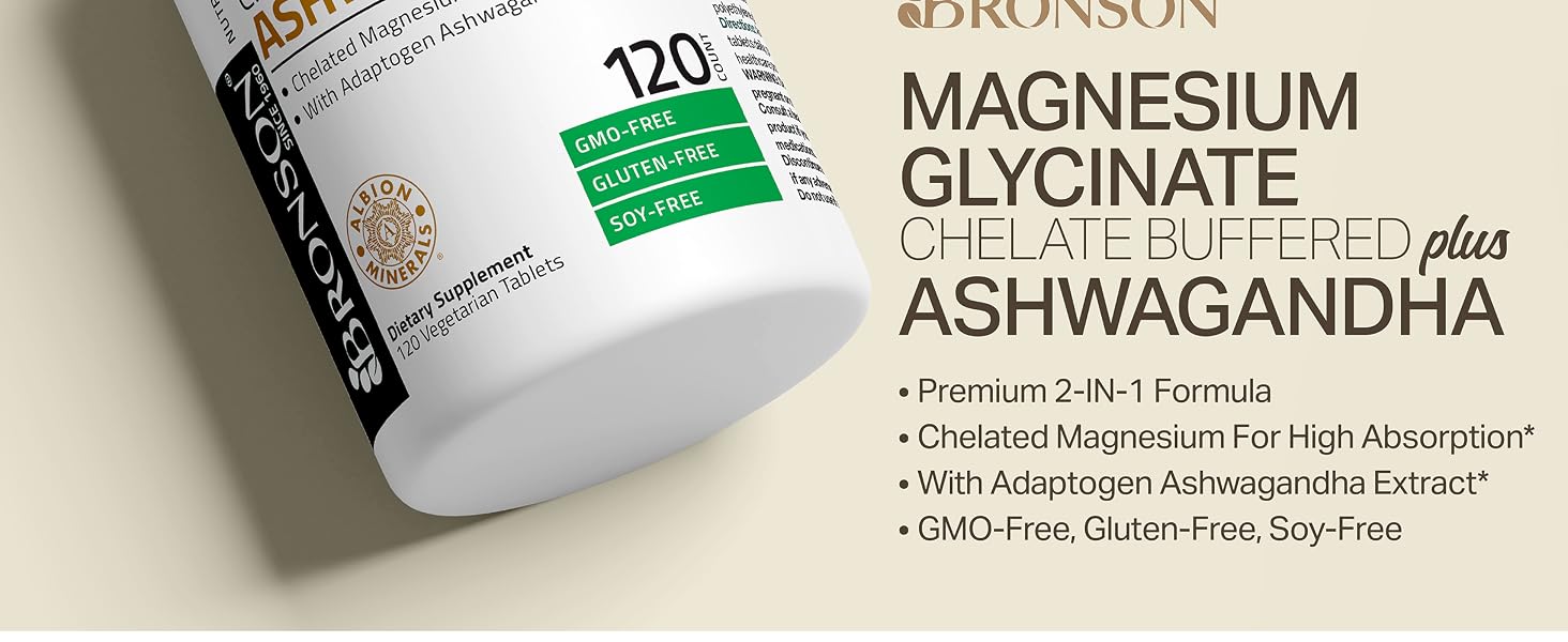 Bronson Magnesium Glycinate Ashwagandha Stress Mood Support Tablets 60 Count