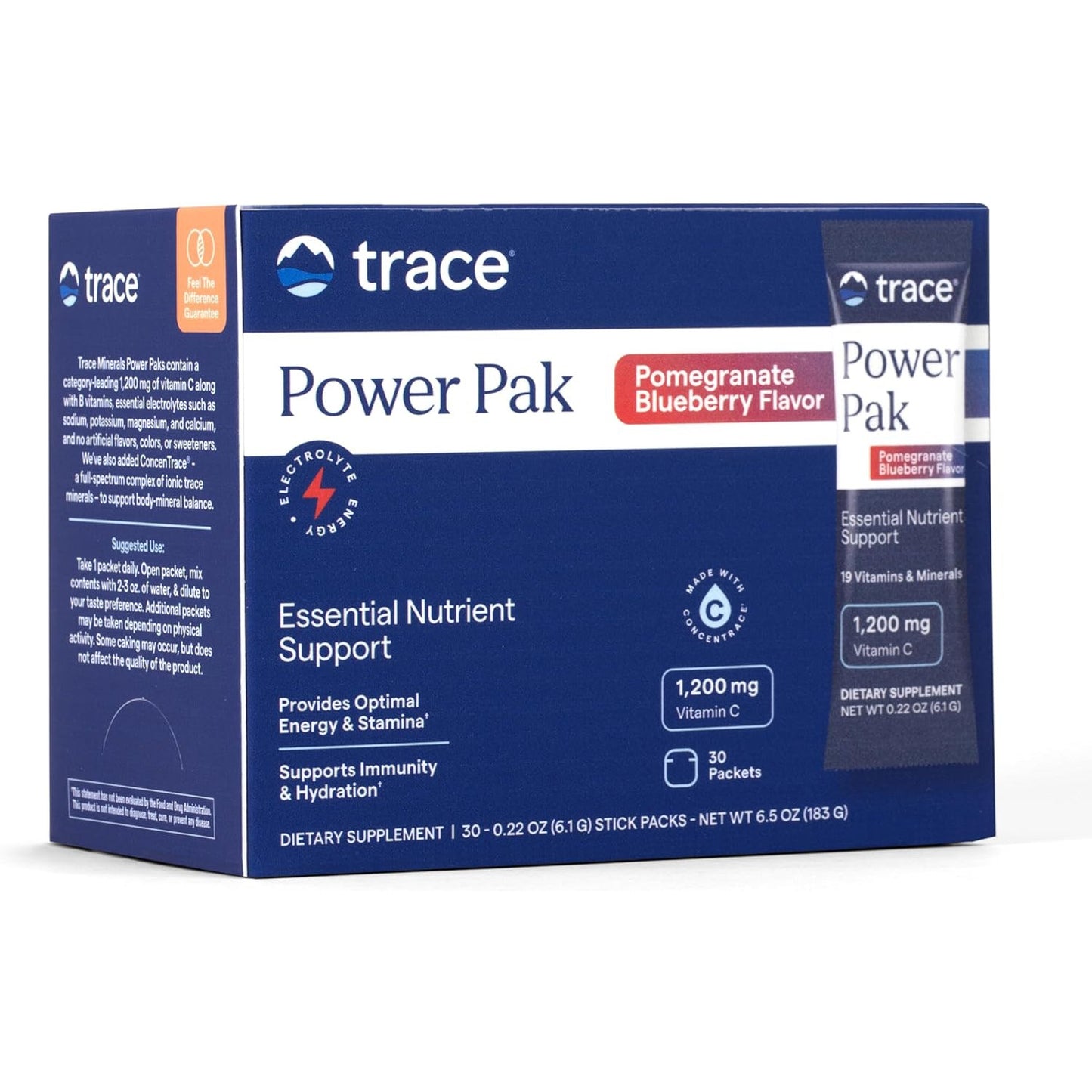 Trace Minerals Power Pak Electrolyte Powder Packets 1200mg Vitamin C Acai Berry 30 Count