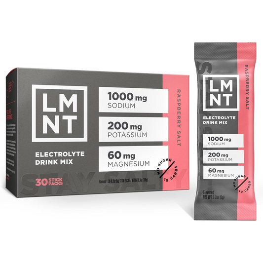 LMNT Zero Sugar Raspberry Salt Electrolyte Sports Drink Mix 30-count package with raspberry flavor and salt ingredients.