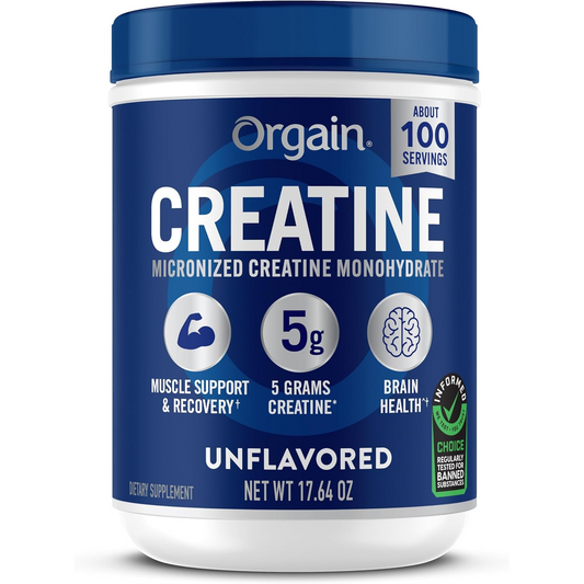 Orgain Micronized Creatine Monohydrate powder jar with scoop, label showing 100 servings, white supplement container on a plain background.