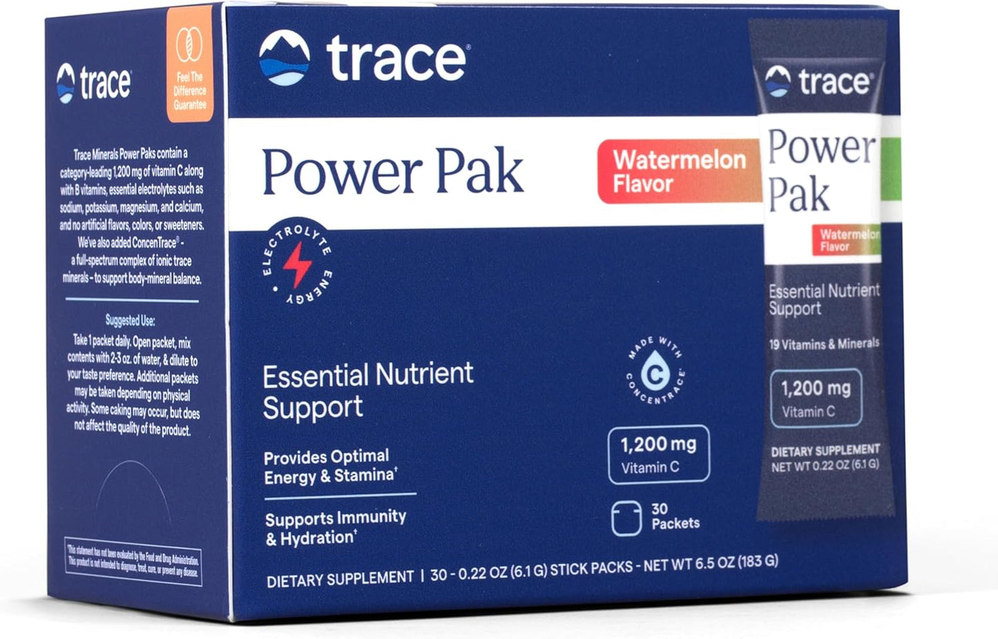 Trace Minerals Power Pak Electrolyte Powder Packets 1200mg Vitamin C Acai Berry 30 Count