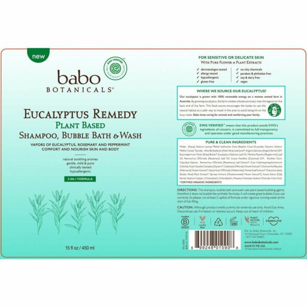 Eucalyptus Remedy Shampoo, Bubble Bath & Wash 15 fl oz by Babo Botanicals - Image 2